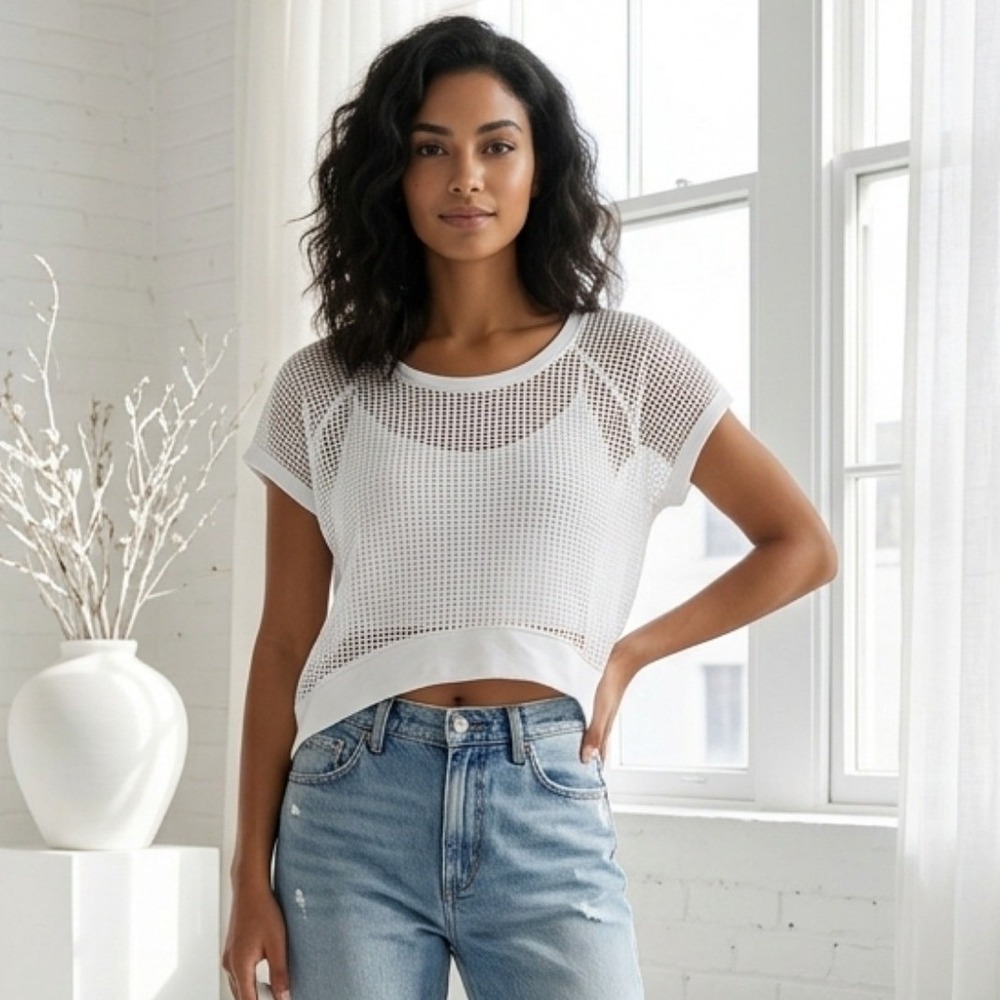 Rock Candy Crop Top Small White Mesh Net Short Sleeve Sheer Festival Streetwear